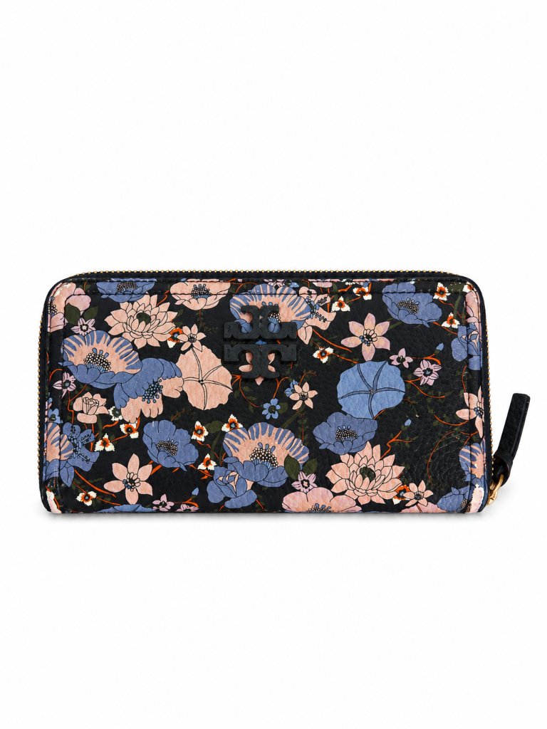 Tory Burch Thea Zip Black Continental Wallet With Blue And Pink Floral Design